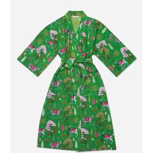 Print Fresh Anthro Women's S/M Organic Cotton Green Animal Pocket Robe ANTELOPE